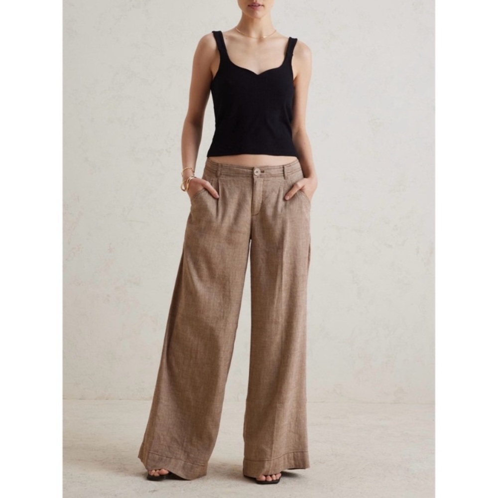 Anthropologie Linen Low Rise Wide Leg Pants brown tan